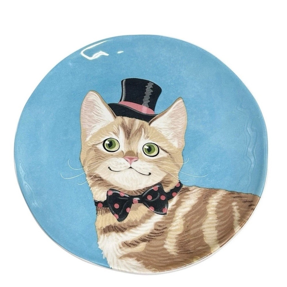 Pier 1 Party Cats Salad Dessert Plate Blue Tabby Cat Top Hat Replacement‎ 8.75"